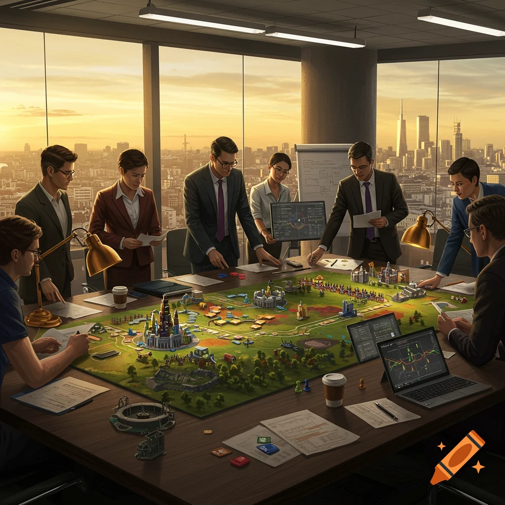 People in business attire are gathered around a large board game on a conference table, with a city skyline visible through windows at sunset. Laptops and papers are on the table.