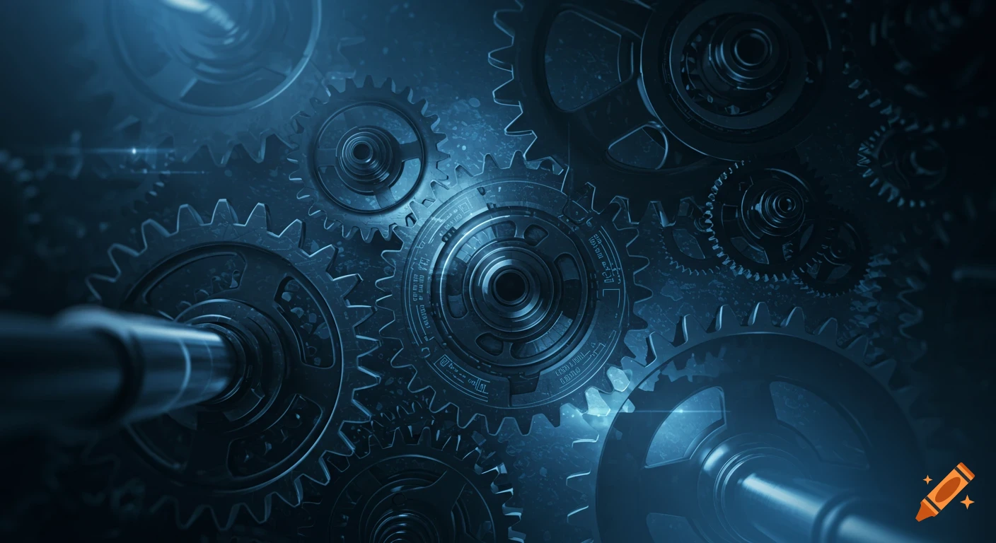 Close-up of intricate, dark blue and gray interlocking gears and mechanical parts, with a soft industrial light.