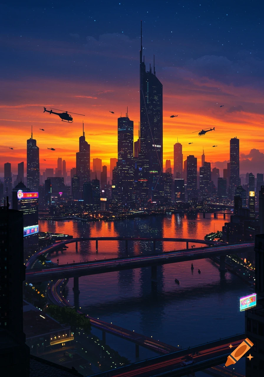 Futuristic cityscape at sunset with towering skyscrapers, illuminated bridges over a river, and multiple helicopters against an orange and blue sky.