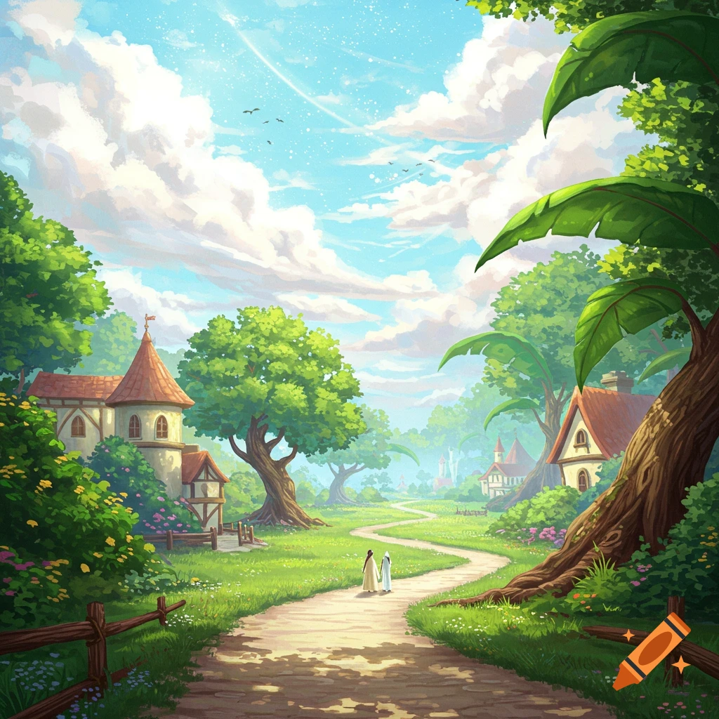 A vibrant, storybook-style fantasy landscape with a winding path, quaint houses, lush green trees, and two figures walking under a bright, cloudy sky.