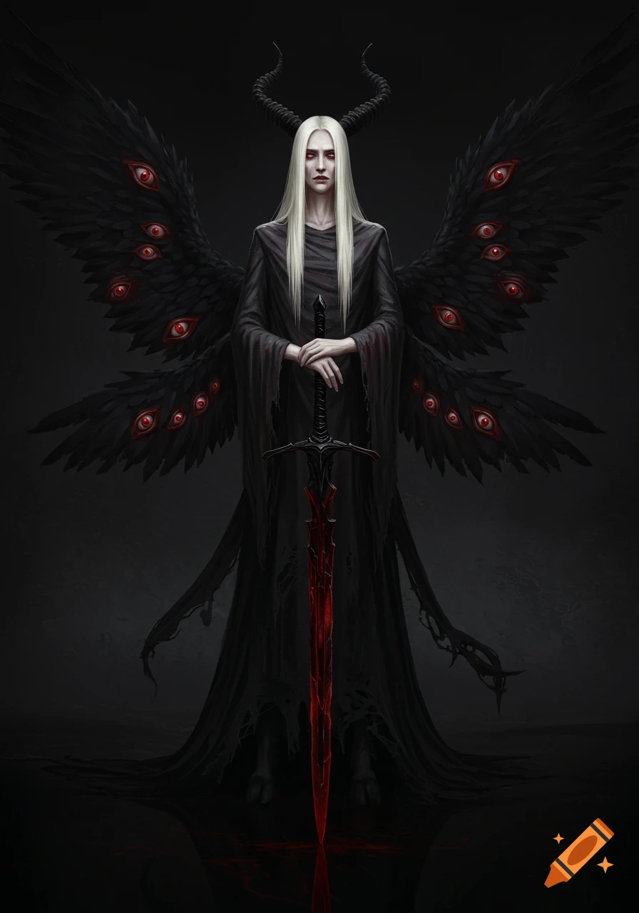 A tall, slender, androgynous entity with long white hair, pale skin, black horns, and large black wings covered in red eyes. It wears tattered black robes and holds a blood-red sword in a dark void.