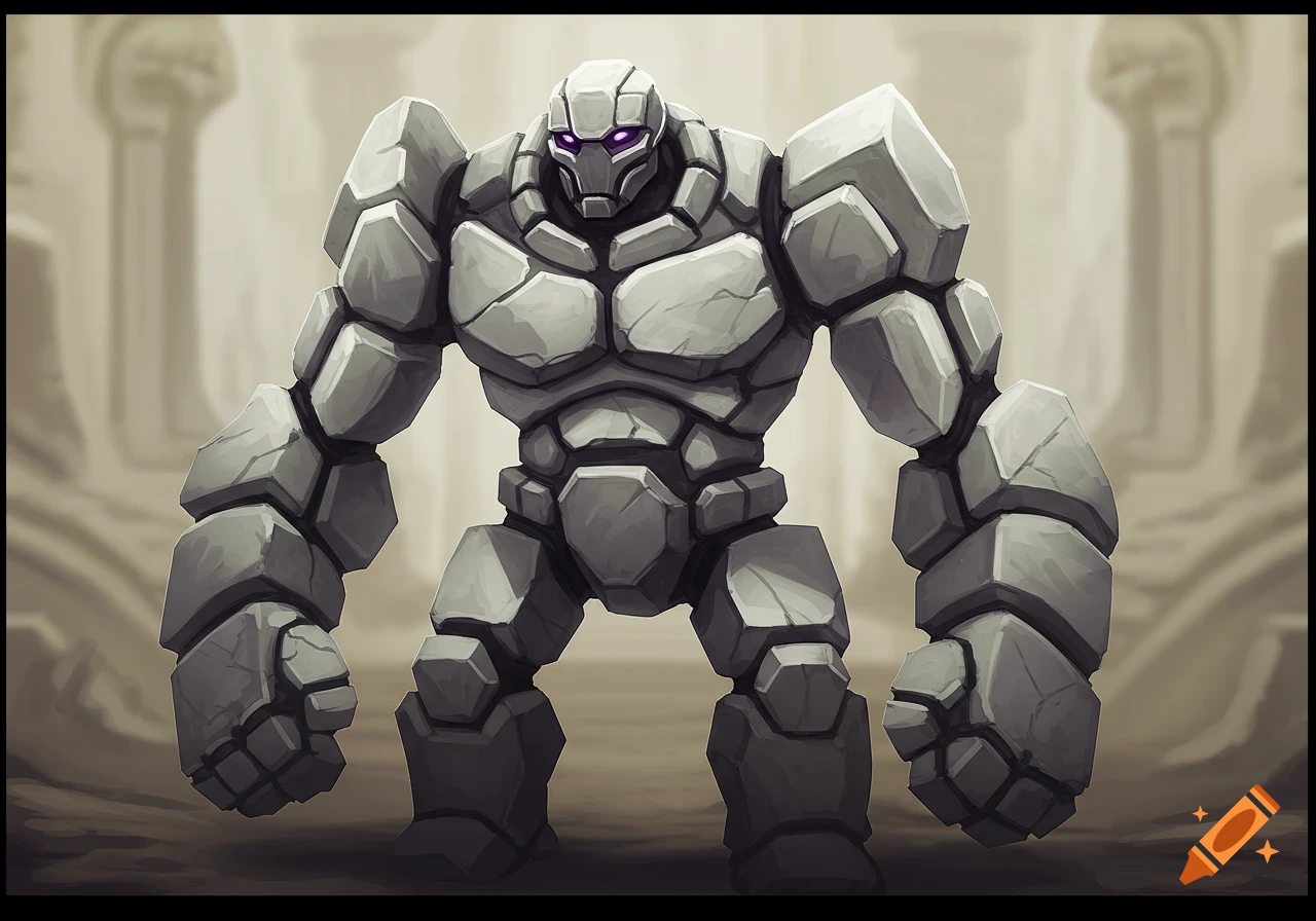A grey stone golem with glowing purple eyes stands in a stylized fantasy environment with blurred architectural elements.