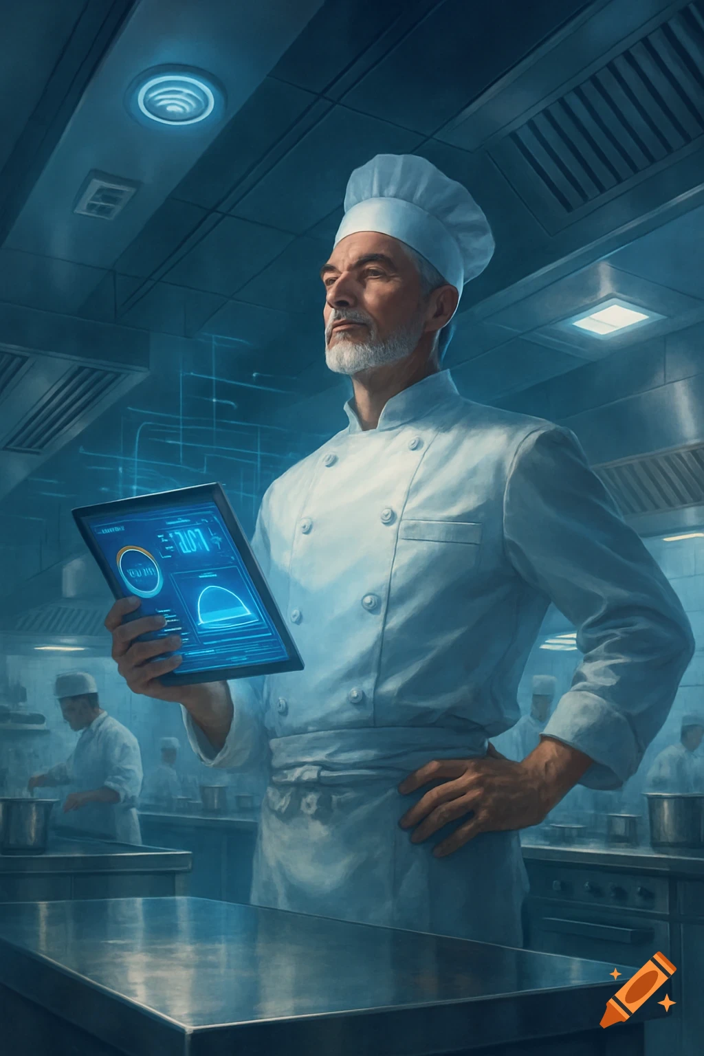 A serious male chef in a white uniform holds a glowing tablet displaying data in a modern, blue-lit professional kitchen. Digital painting.