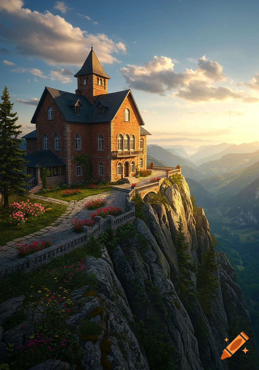 A majestic brick mansion with a tower sits on a cliff edge, overlooking a vast mountain valley under a sunset sky.