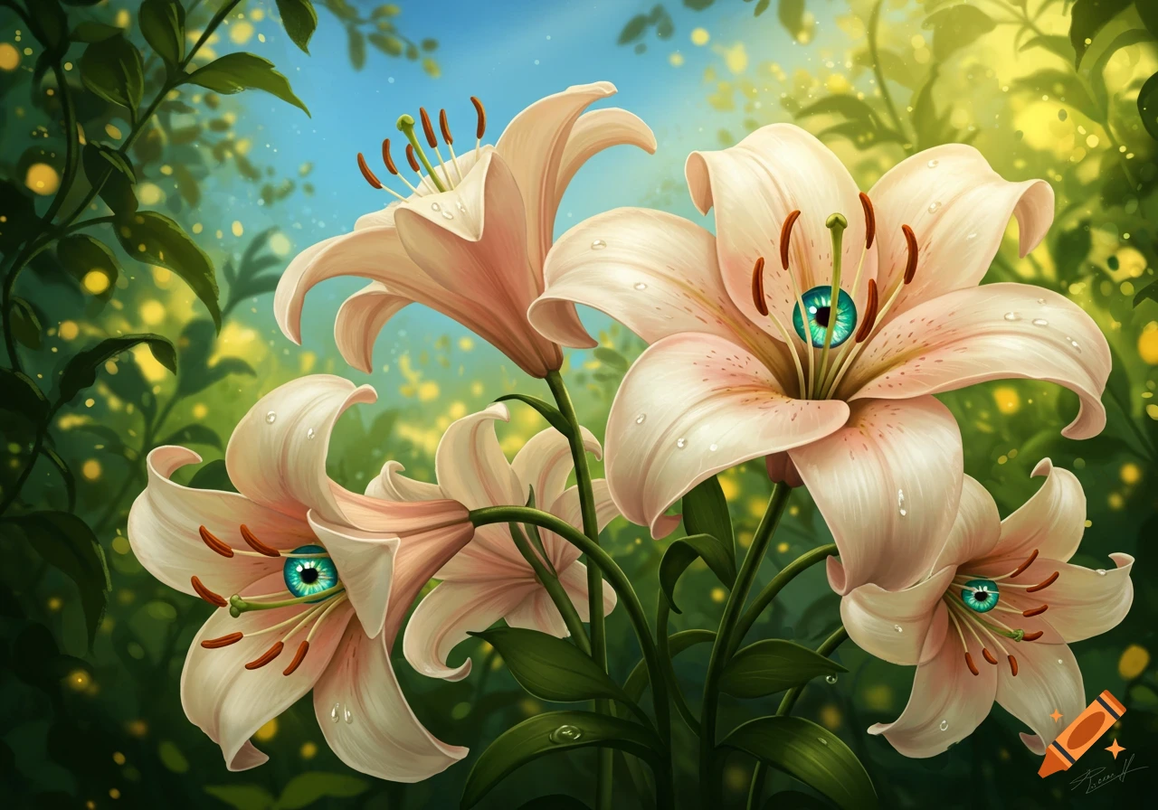 Fantastical illustration of white lilies with bright blue human-like eyes in their centers, set against a lush green, sun-dappled background.