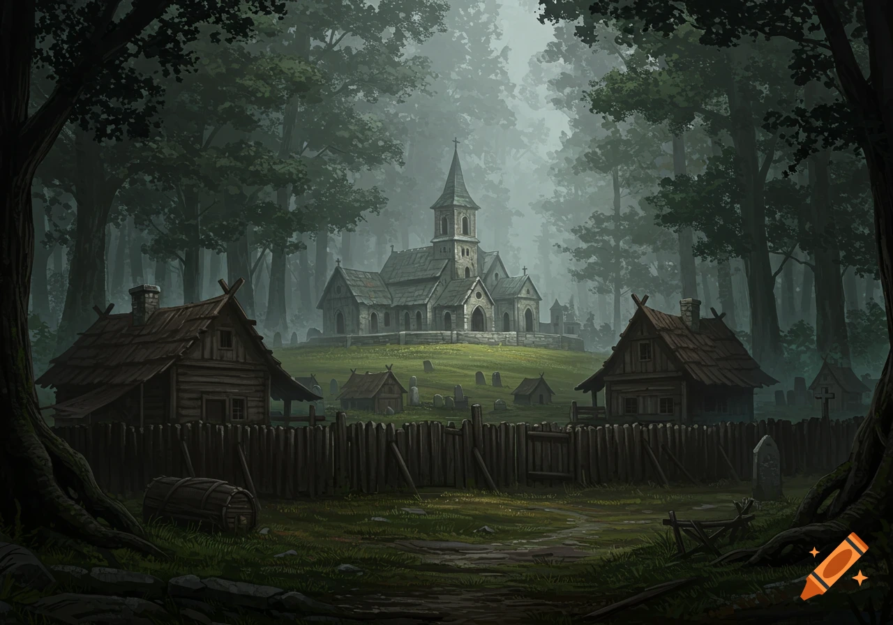Misty medieval village with a stone church and graveyard on a hill, rustic houses, and wooden fence in a dark forest, digital painting.