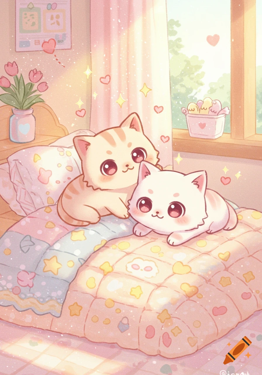 Two adorable, big-eyed, cartoon kittens lounge on a pastel-colored quilt in a bright, sunny bedroom, sparkling with hearts and stars.