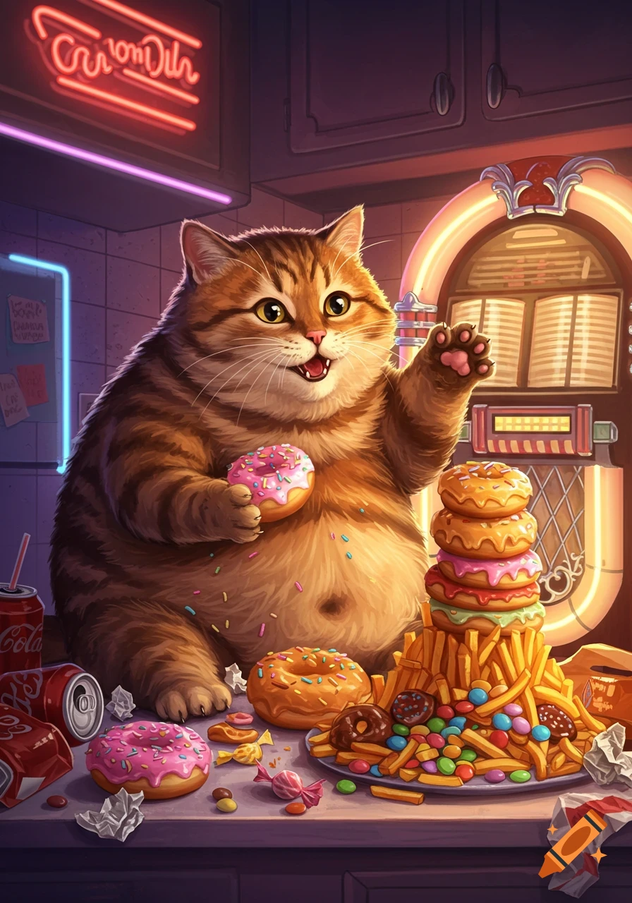 A cartoon tabby cat holding a donut, sitting among a large pile of junk food in a retro diner setting.