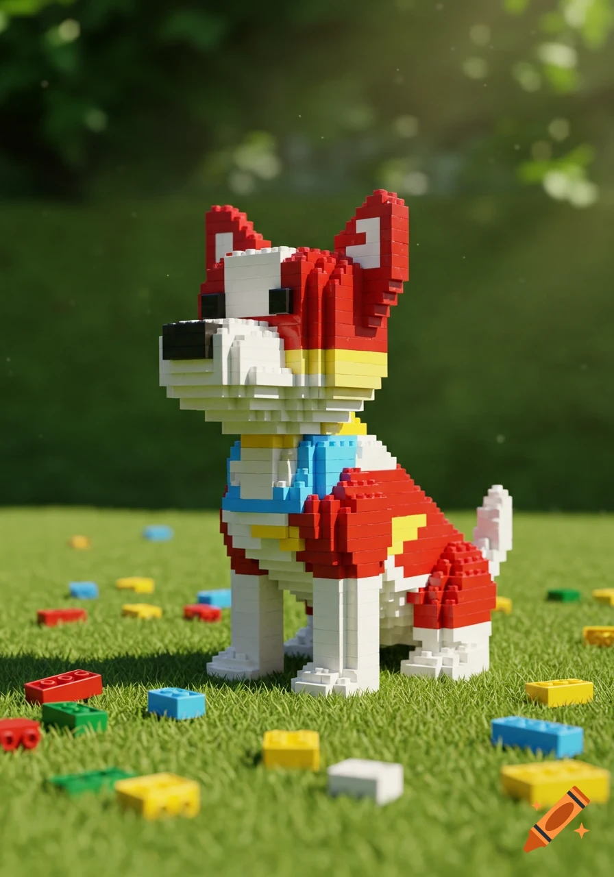 A colorful Lego dog, primarily red and white, sits on green grass with scattered Lego bricks under dappled sunlight.