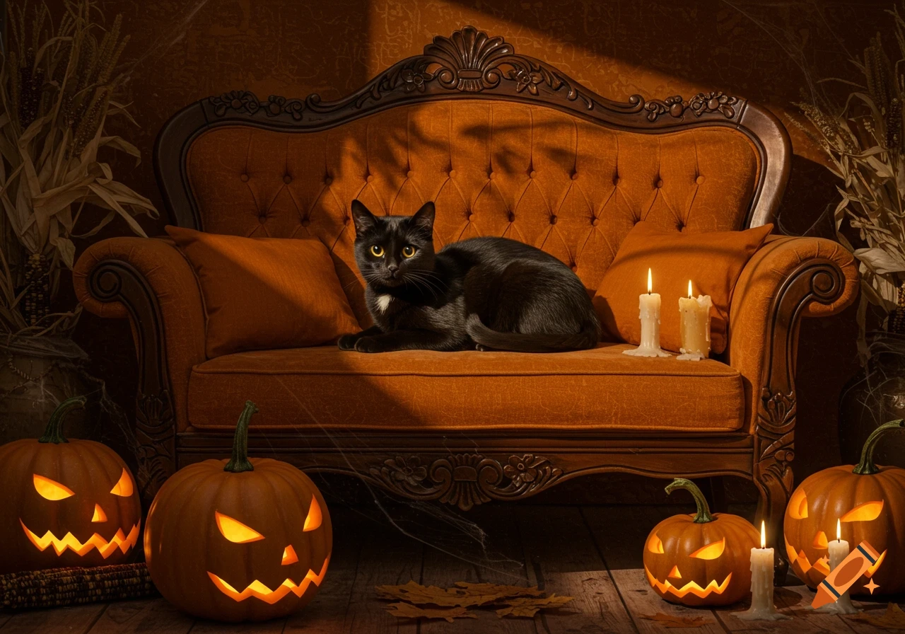 A black cat with yellow eyes lies on an orange vintage sofa, surrounded by glowing jack-o'-lanterns and lit candles in a warm Halloween setting.