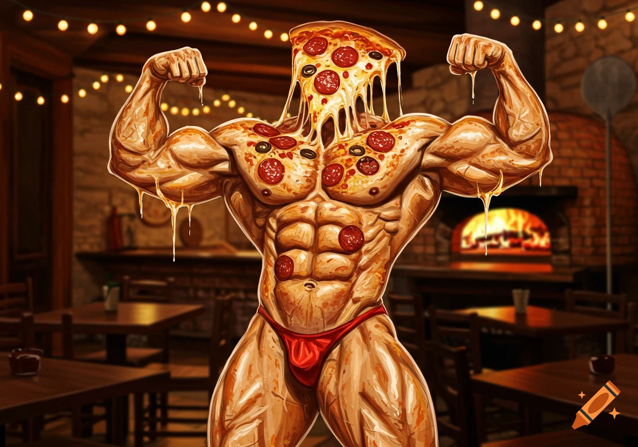 Cartoon pizza bodybuilder in a red speedo flexing muscles, with cheese melting, inside a pizza restaurant with a brick oven.