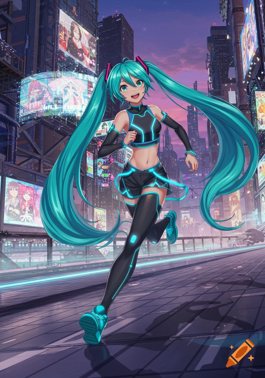 Anime-style Hatsune Miku running in black and blue sportswear through a neon-lit futuristic city at night.