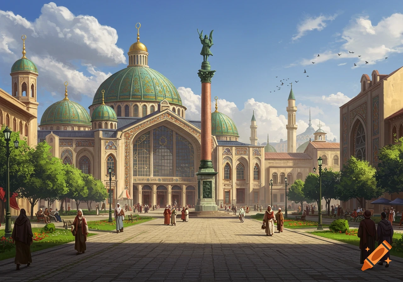 A grand city square in neo-Byzantine style, flanked by ornate domed buildings, with a victory column and bustling crowds.