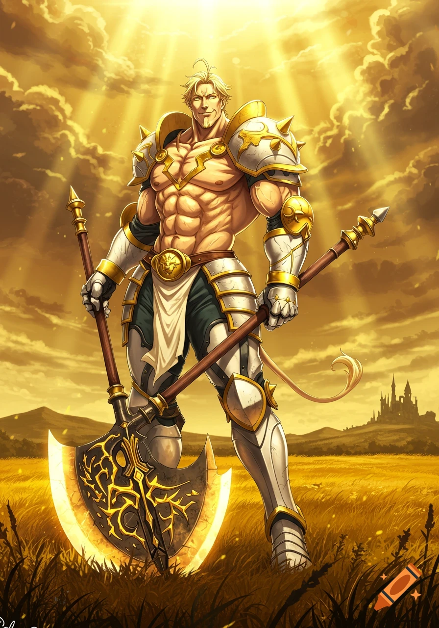Anime illustration of a muscular blonde man in golden armor holding a large ornate axe, standing in a sunny golden field.