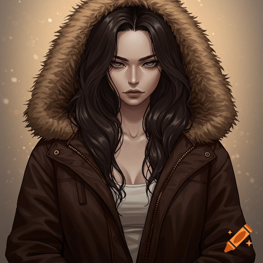 Anime woman with dark hair and gray eyes wearing a brown fur-hooded jacket and white tank top.