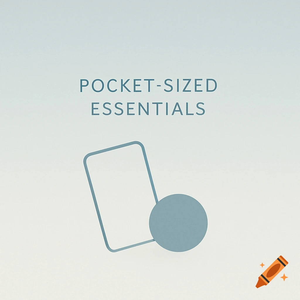 Minimalist illustration with the text 'POCKET-SIZED ESSENTIALS' above a blue outlined rectangle and solid circle on a gradient background.