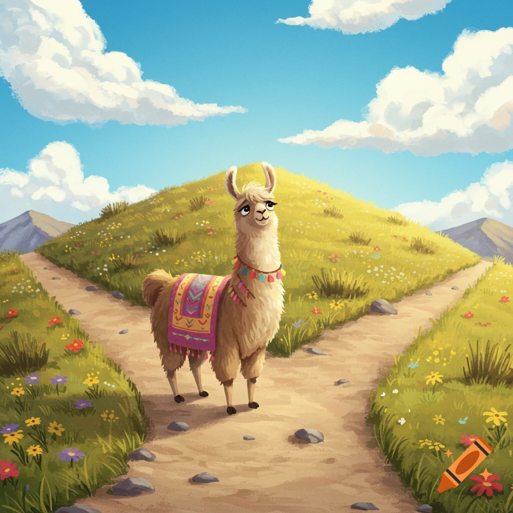 A cute illustrated llama at a fork in a dirt path on a grassy hill, looking contemplatively at two diverging routes.