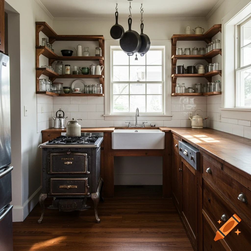 A photorealistic, rustic farmhouse kitchen with wood floors, open wooden shelving, a white farm sink under a window, and a vintage Pioneer wood stove.