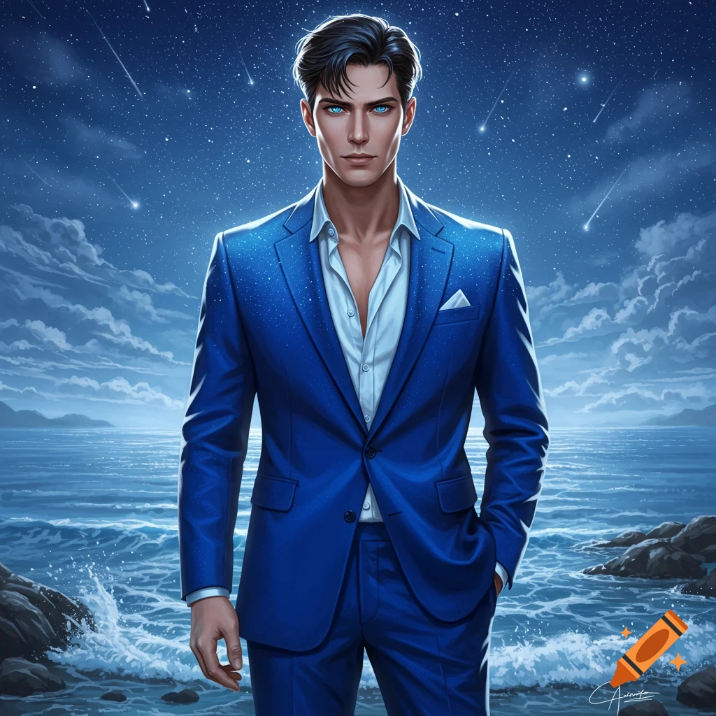 A handsome man with glowing blue eyes in a sparkling blue suit stands by a starlit ocean at night. Digital art.