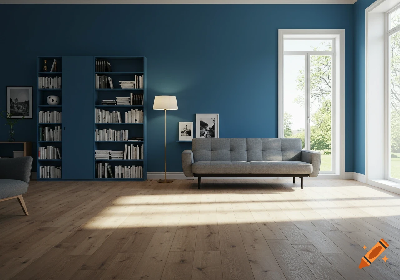 Modern living room with a grey sofa, blue walls, full bookshelves, and large windows casting sunlight onto a light wood floor.