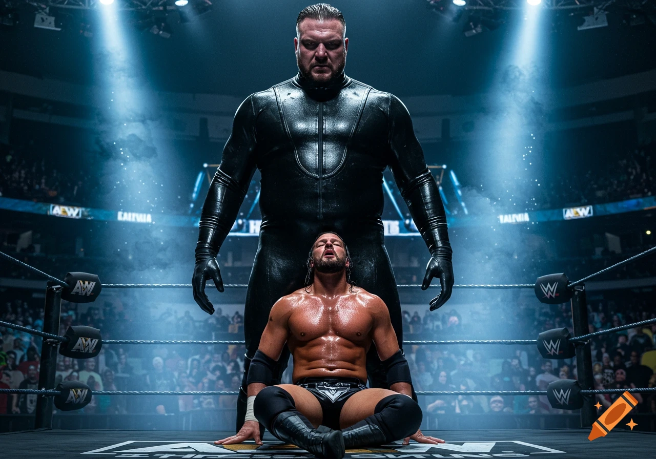 A towering wrestler in a black latex uniform stands over a dazed, muscular wrestler sitting in a ring.