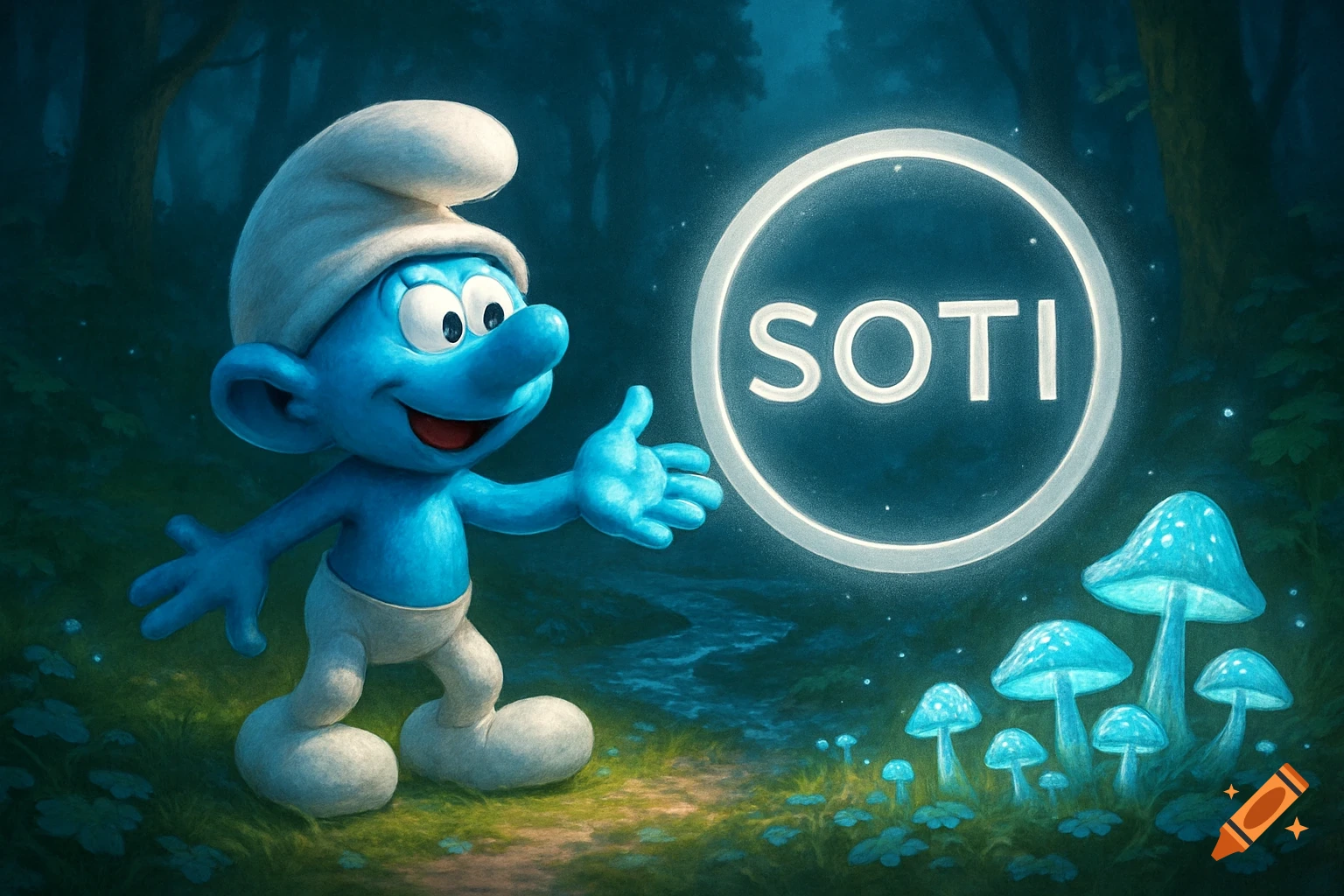 A blue Smurf stands in a magical forest with glowing mushrooms, gesturing towards a glowing circle displaying the word 'SOTI'.