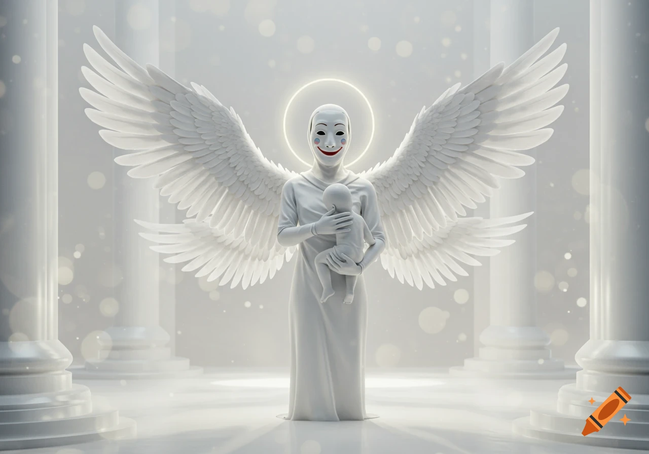 A white masked angelic figure with large wings holds a child in a bright, ethereal setting with white columns.