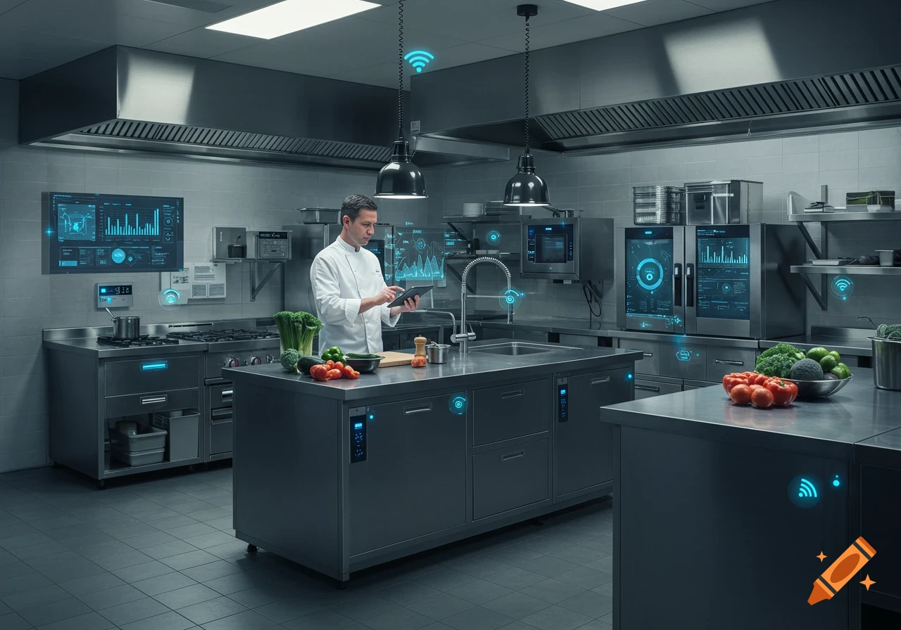 A chef in a modern, high-tech professional kitchen with glowing digital screens displaying data and smart sensors. The chef is looking at a tablet.