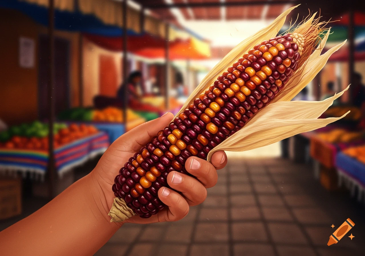 A hand holds a partly husked, multicolored red and yellow corn cob against a blurry market background.
