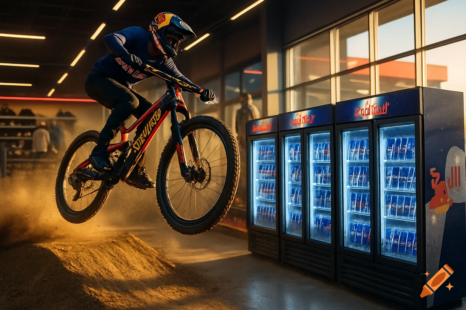 A photorealistic action shot of a mountain biker mid-air, jumping over Red Bull refrigerators in a modern sports store, kicking up dust at sunset.