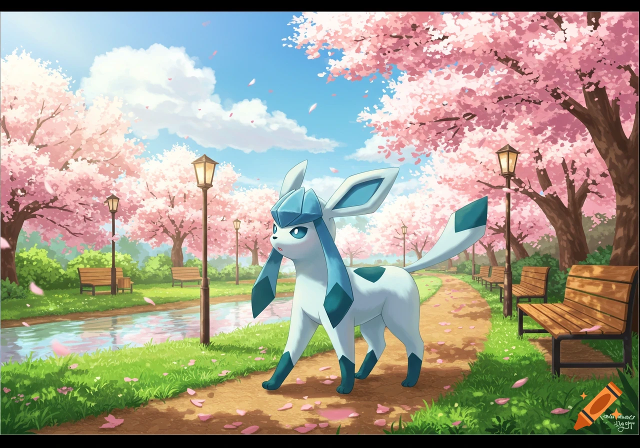 A light blue and white Glaceon Pokémon walks on a path in a park filled with pink cherry blossom trees, illustrated.