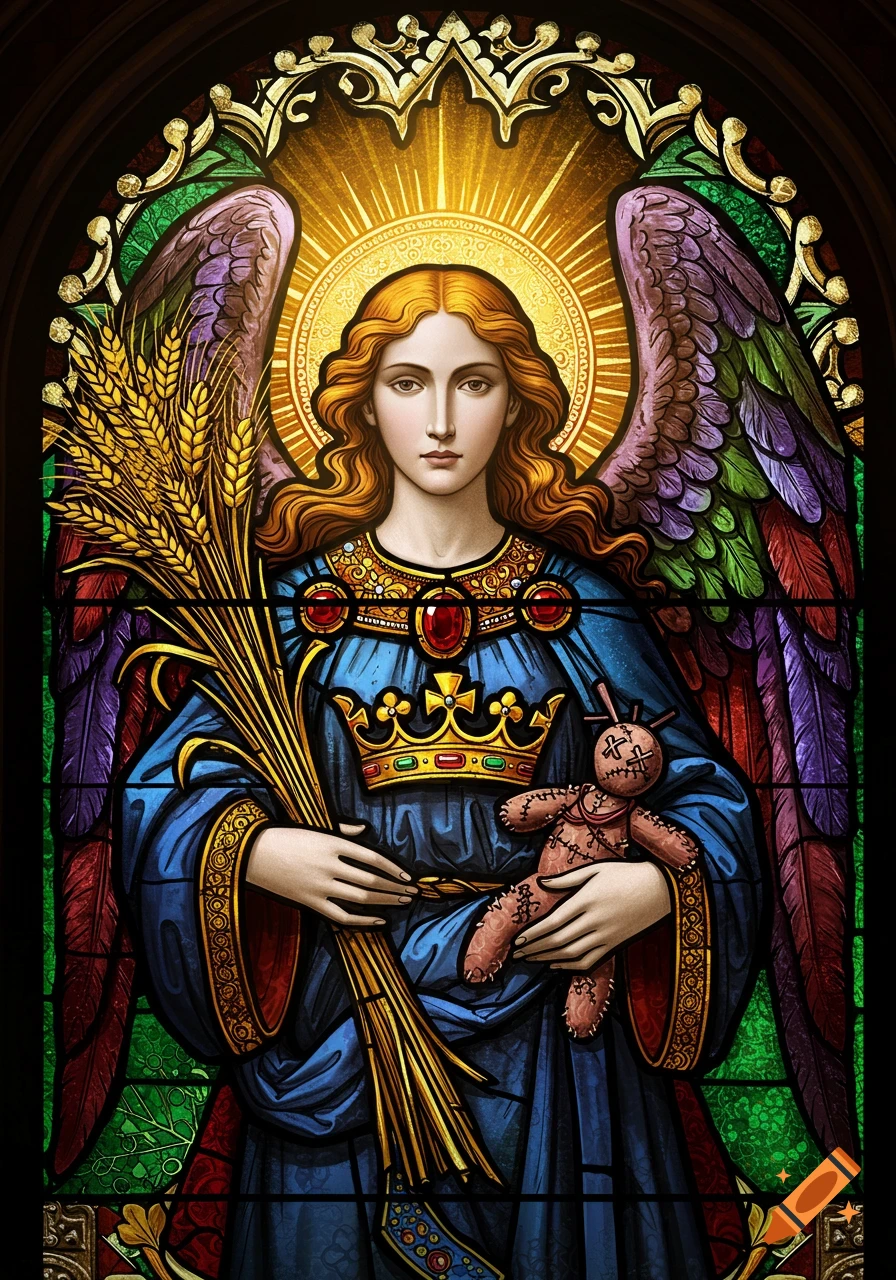 A stained glass image of a female angel with a halo and crown, cradling a sheaf of wheat and a voodoo doll.