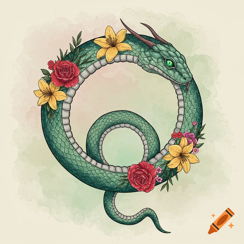 Stylized green ouroboros snake with scales, adorned with red roses and yellow lilies, on a soft watercolor background.