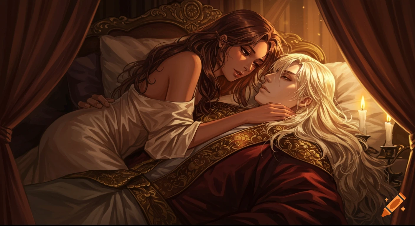Anime illustration of a brunette woman in a nightgown intimately caressing a blonde man in imperial robes on a canopy bed.