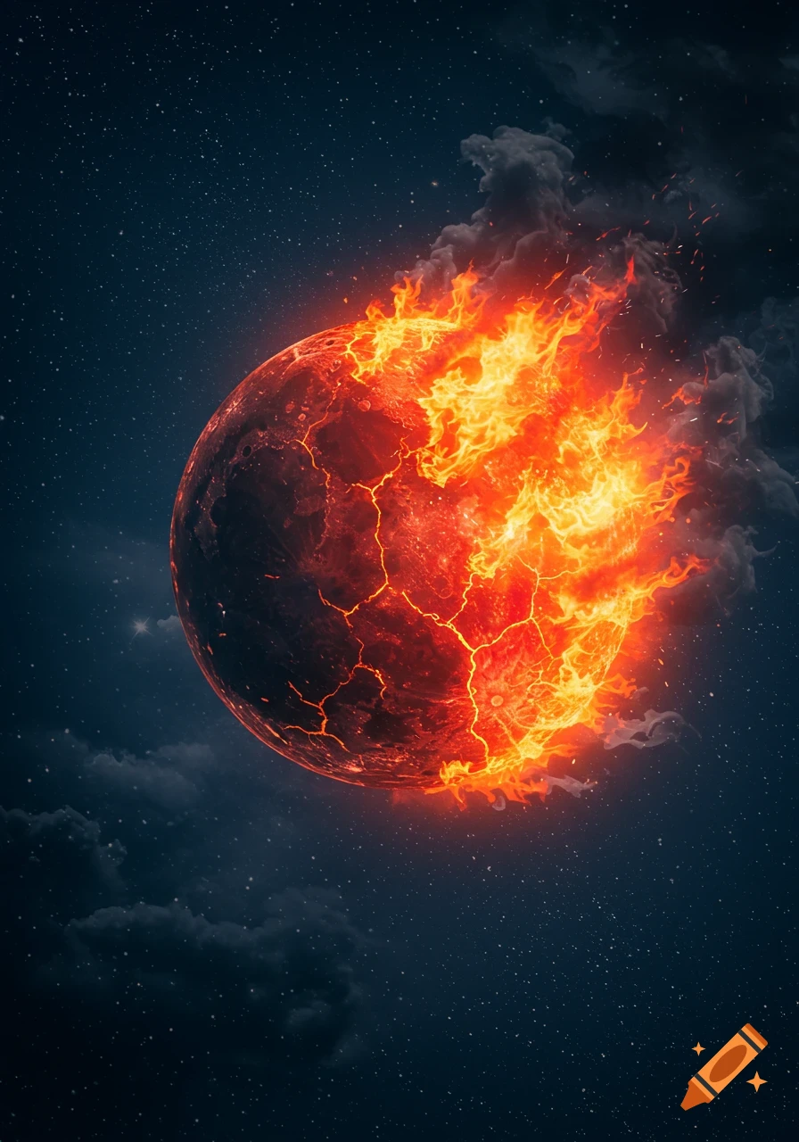A fiery red-hot cracked planet burns intensely in dark space, surrounded by stars and smoke clouds.