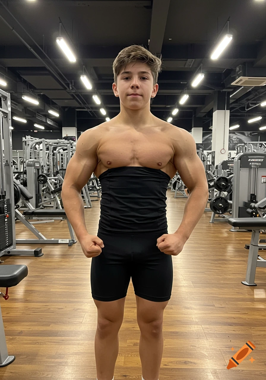 A muscular young man in black compression wear flexing in a gym.