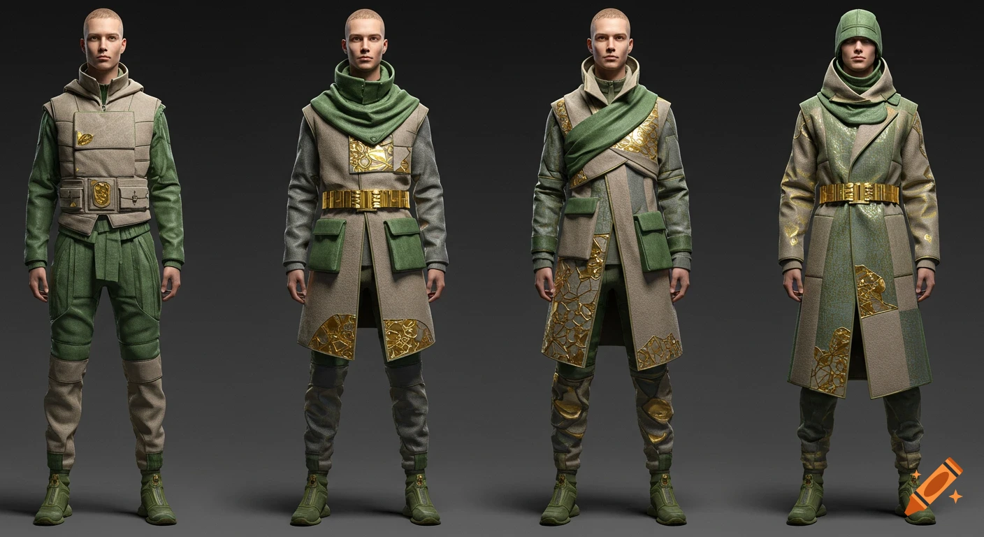 Four male models in futuristic functional clothing, featuring warm grey, green, and gold details.