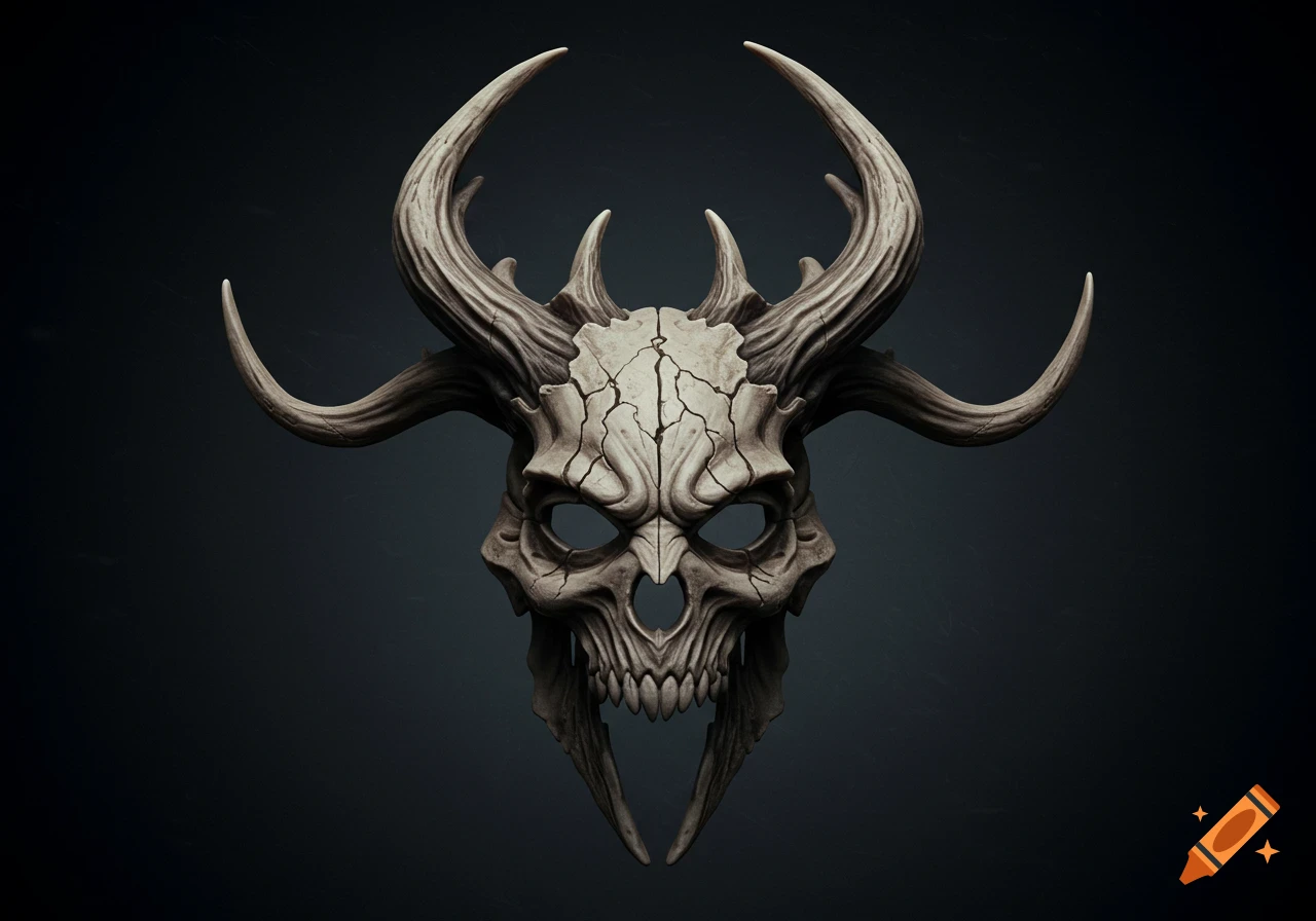 A dark, menacing fantasy mask sculpted from bone, with large symmetrical horns, a skull-like face, and a cracked texture.