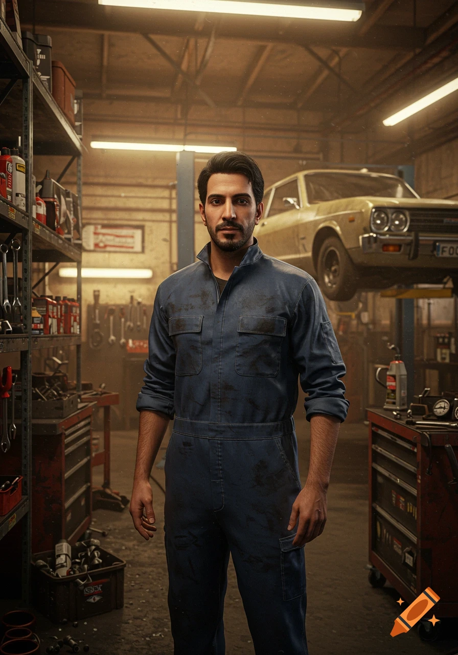 A man in a blue mechanic's jumpsuit stands in a dimly lit garage with a car lifted in the background, realistic style.