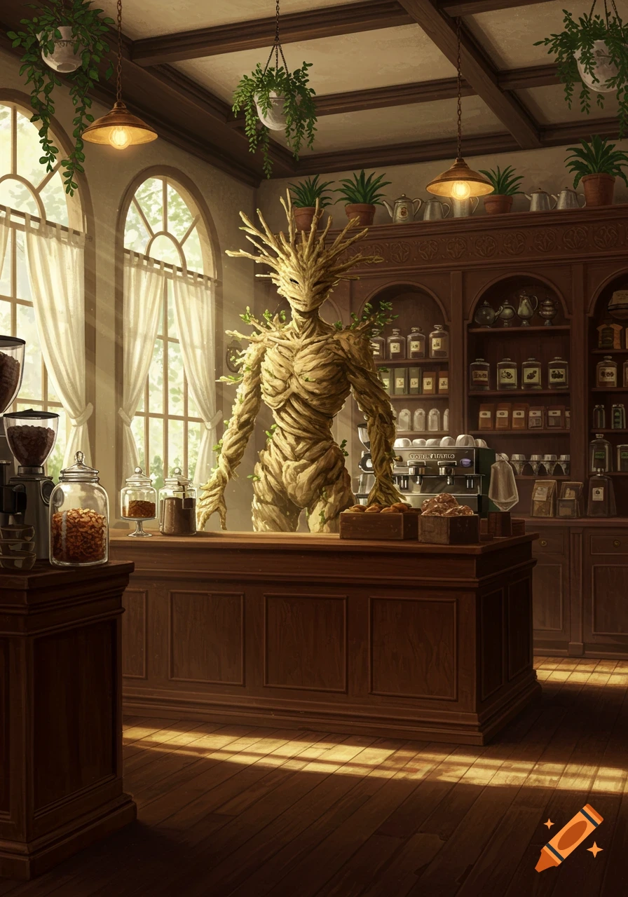 A tall, wirey mycelium creature stands behind a wooden counter in a sunlit coffee shop with large windows. Fantasy art.