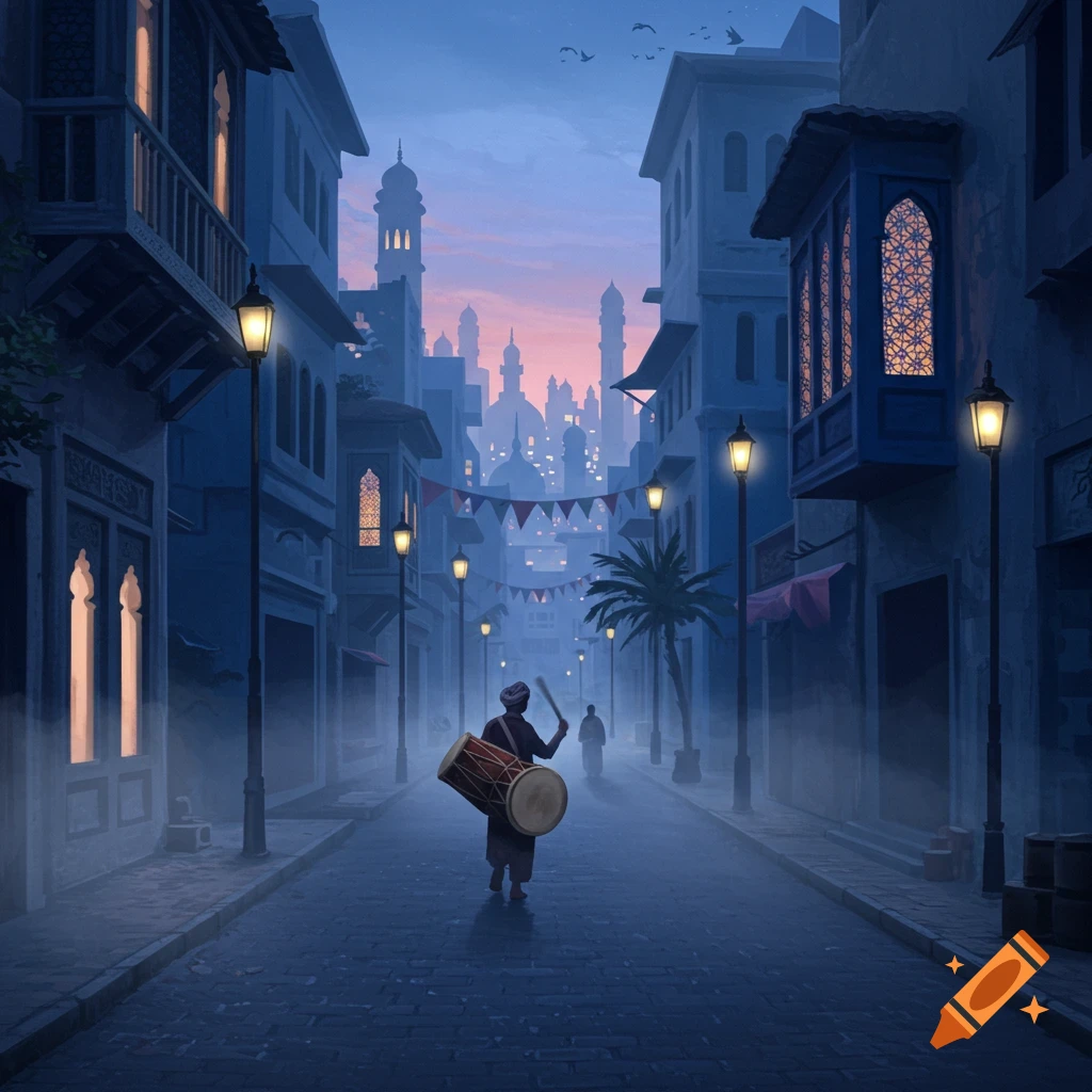 Stylized art of a person playing a large drum walking down a misty, lantern-lit street in an ancient Middle Eastern city at dusk.