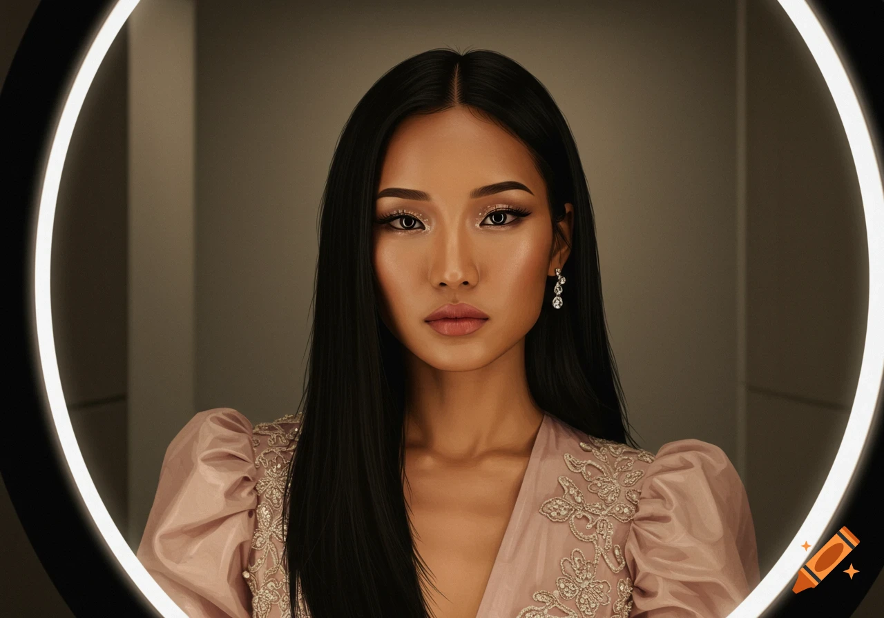 A beautiful woman with long dark hair and striking makeup, wearing a pale pink dress, poses in front of a glowing ring light.