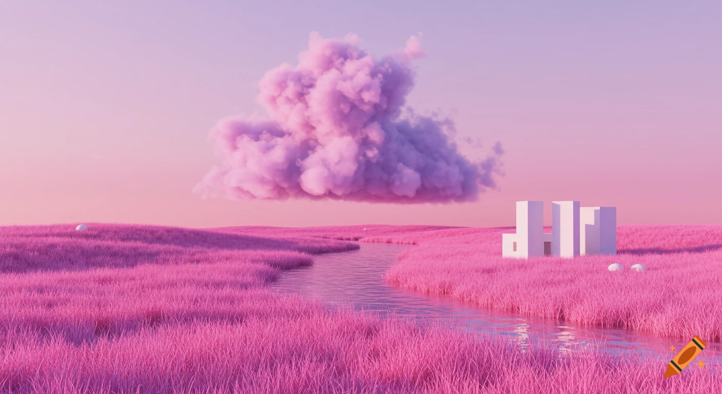 A surreal landscape featuring expansive pink grass, a curving pink river, a large lavender cloud, and white blocky architectural elements under a twilight sky.