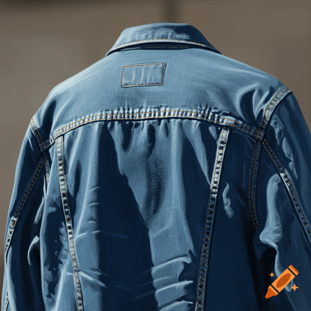 A close-up, photorealistic view of the back of a blue denim jacket, highlighting its texture, seams, and folds.