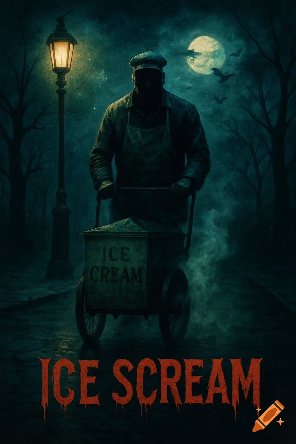Ominous horror movie poster featuring a shadowy ice cream vendor pushing a cart at night, with a full moon and bare trees in the background. The title "ICE SCREAM" is at the bottom.