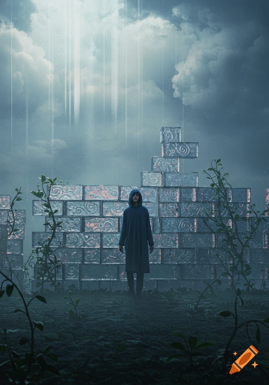 A person in a blue hooded cloak stands in a misty, dark landscape before a surreal wall of glowing, ornate blocks under a cloudy sky.
