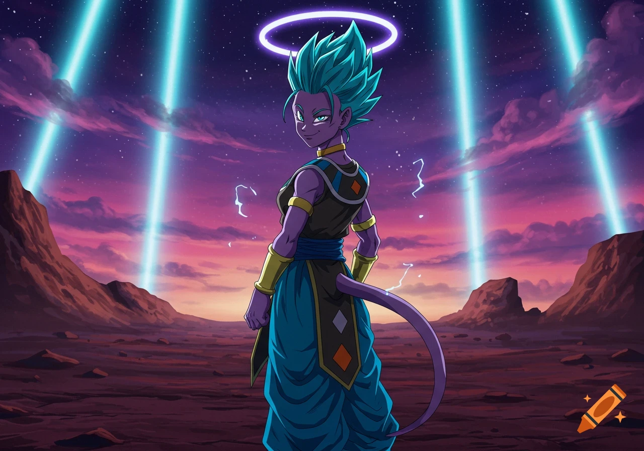 An anime character with purple skin, teal spiky hair, and a tail, wearing a black and blue outfit with a halo, stands in an alien landscape.