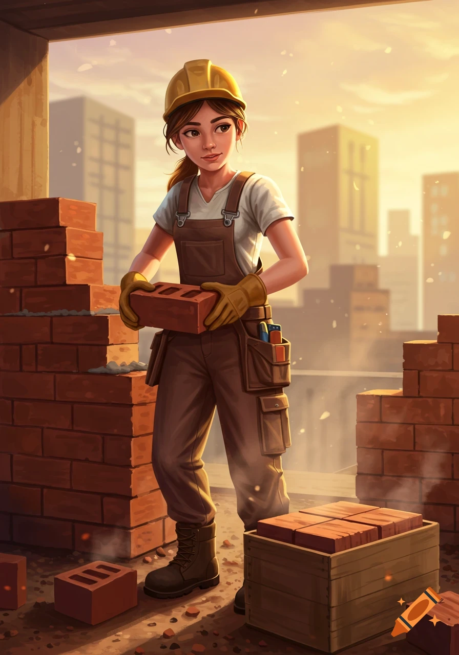 Stylized illustration of a young female bricklayer in a hard hat and overalls, holding a brick on a sunny construction site.