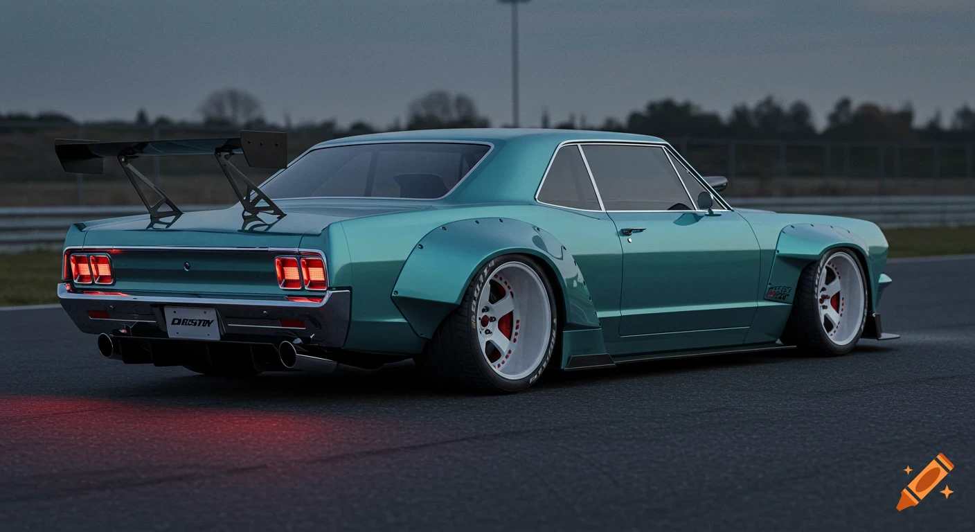 A teal widebody classic two-door sedan, styled like a Le Mans GT2 race car, with a large spoiler and white wheels with red accents, on a race track at dusk.