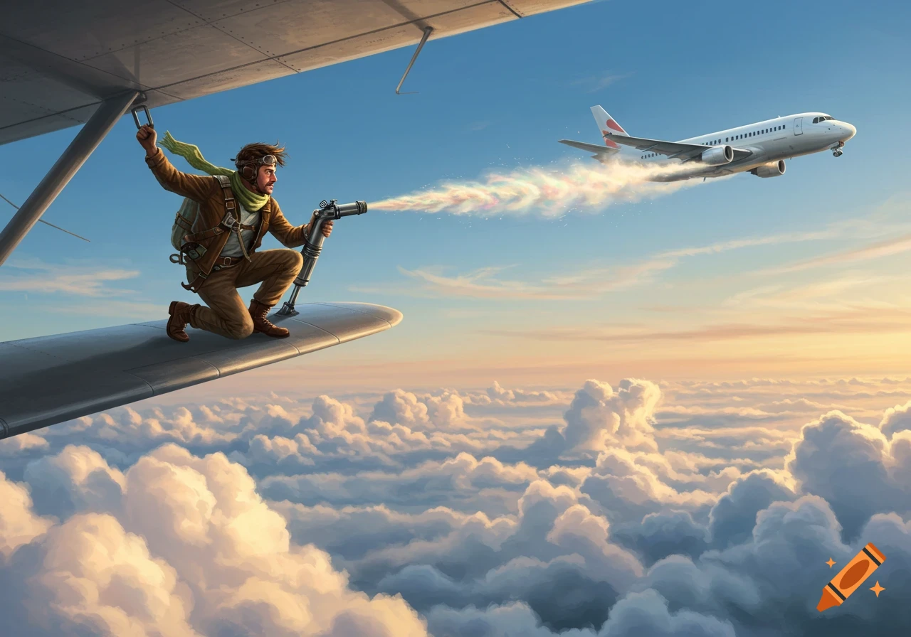 A man in a pilot's outfit kneels on the wing of a biplane, spraying a colorful chemical stream towards a distant passenger jet above clouds.